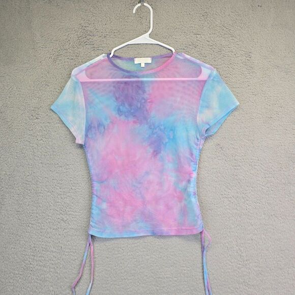 Tops - Riley James‎ Top Womens M Blue Pink Tie Dye Micromesh Ruched Rave Music Festive